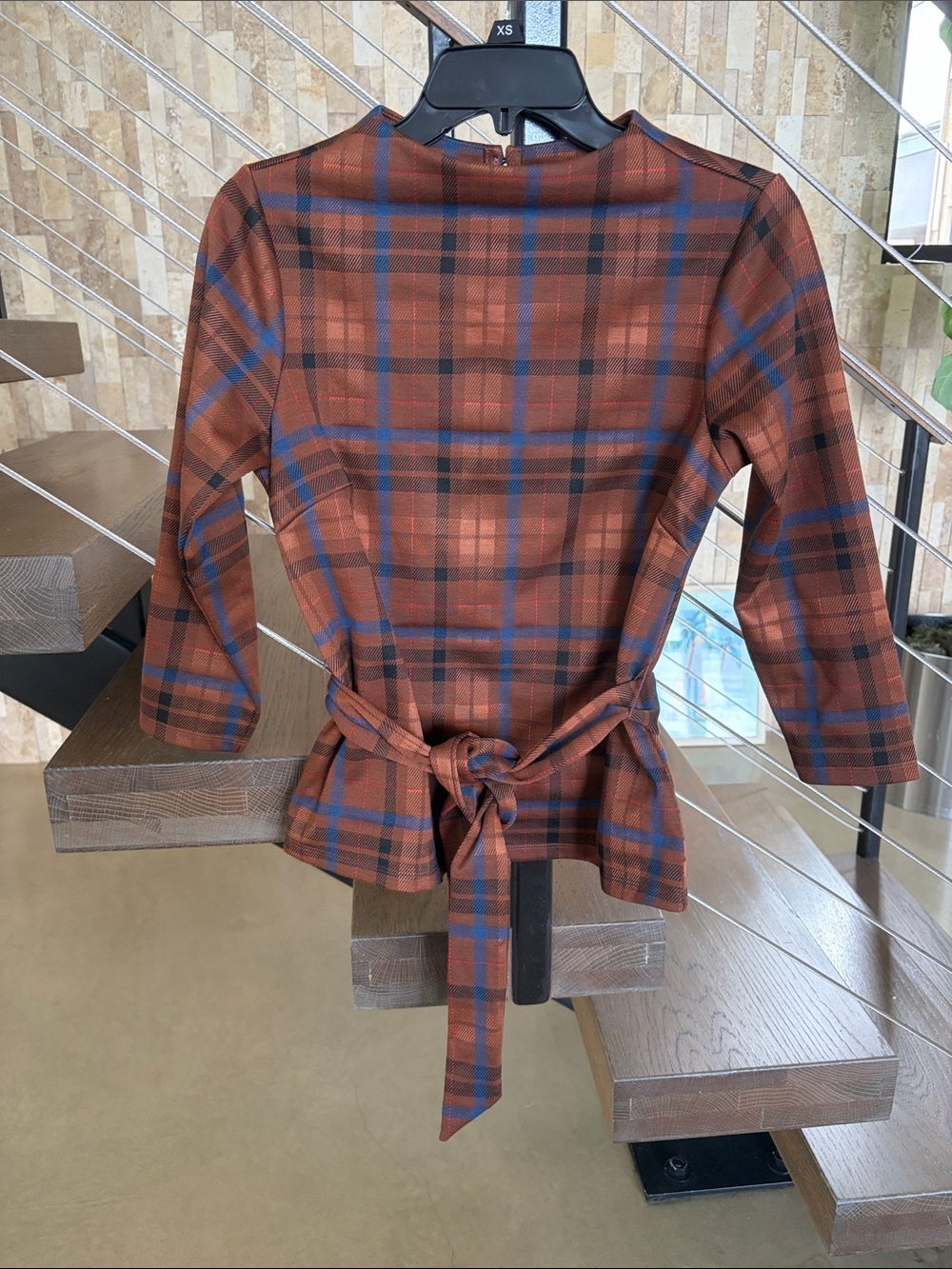 Ann Taylor Rust and Blue Plaid Tie-Waist Tunic